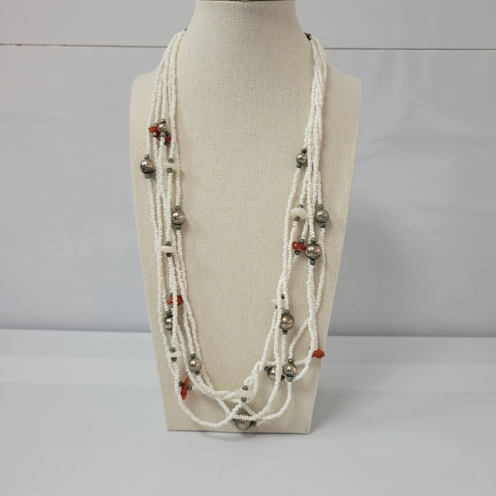 Bohemian Multi‎ Strand Beaded Necklace White Red Accents Silver Tone Beads